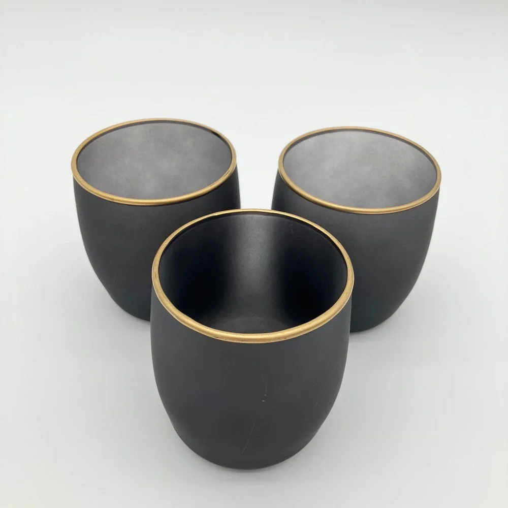 Votive Candle Holders Set of 3 Matte Black Gold Rim Frosted Glass